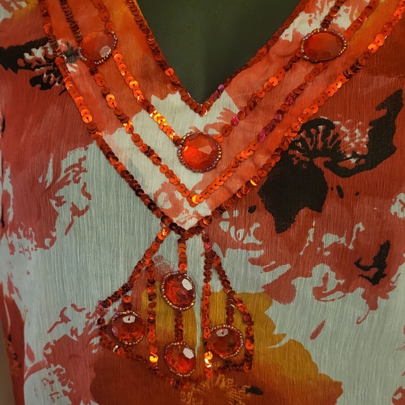 Sahiba Sheer Dress Vintage Red Beaded Orange Floral India Coverup Tunic M - Picture 3 of 7